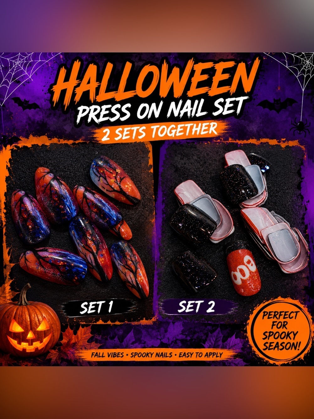 Set of 2 Halloween Press-On Nail Set - Black & Orange Halloween Designs